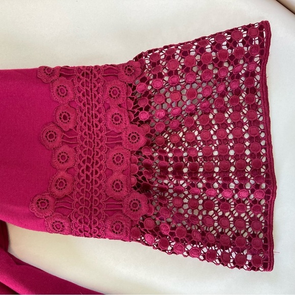 Talbots V-Neck Wine Sheath Midi Dress Crochet Lace Bell Sleeves (Size 16WP) - Picture 8 of 12